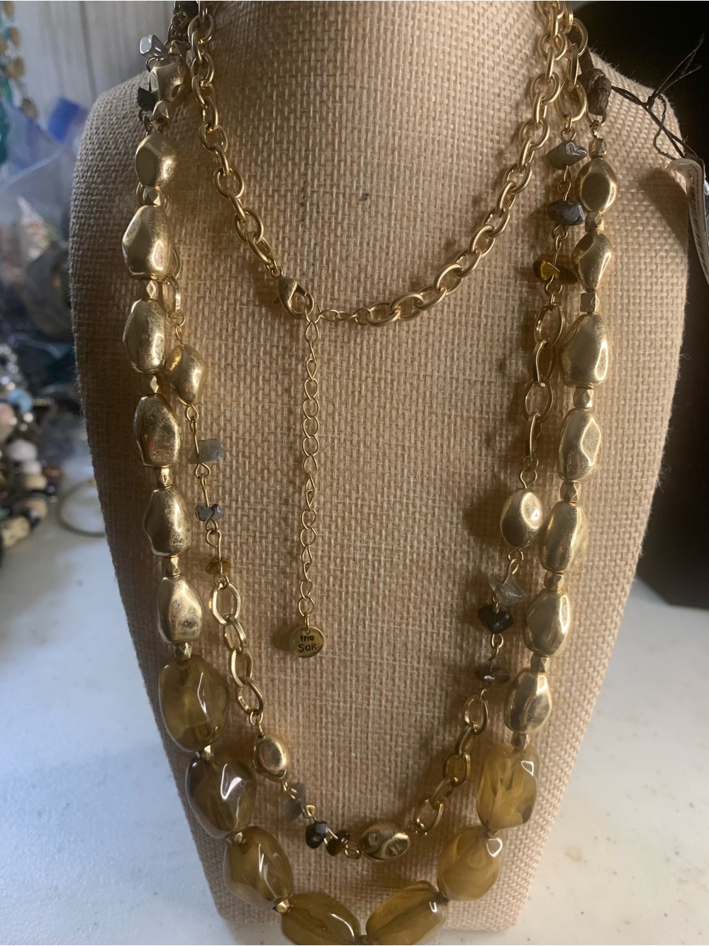 The Sak Gold-Tone Multi Strand Bead and Stone Necklace with Amber Accents